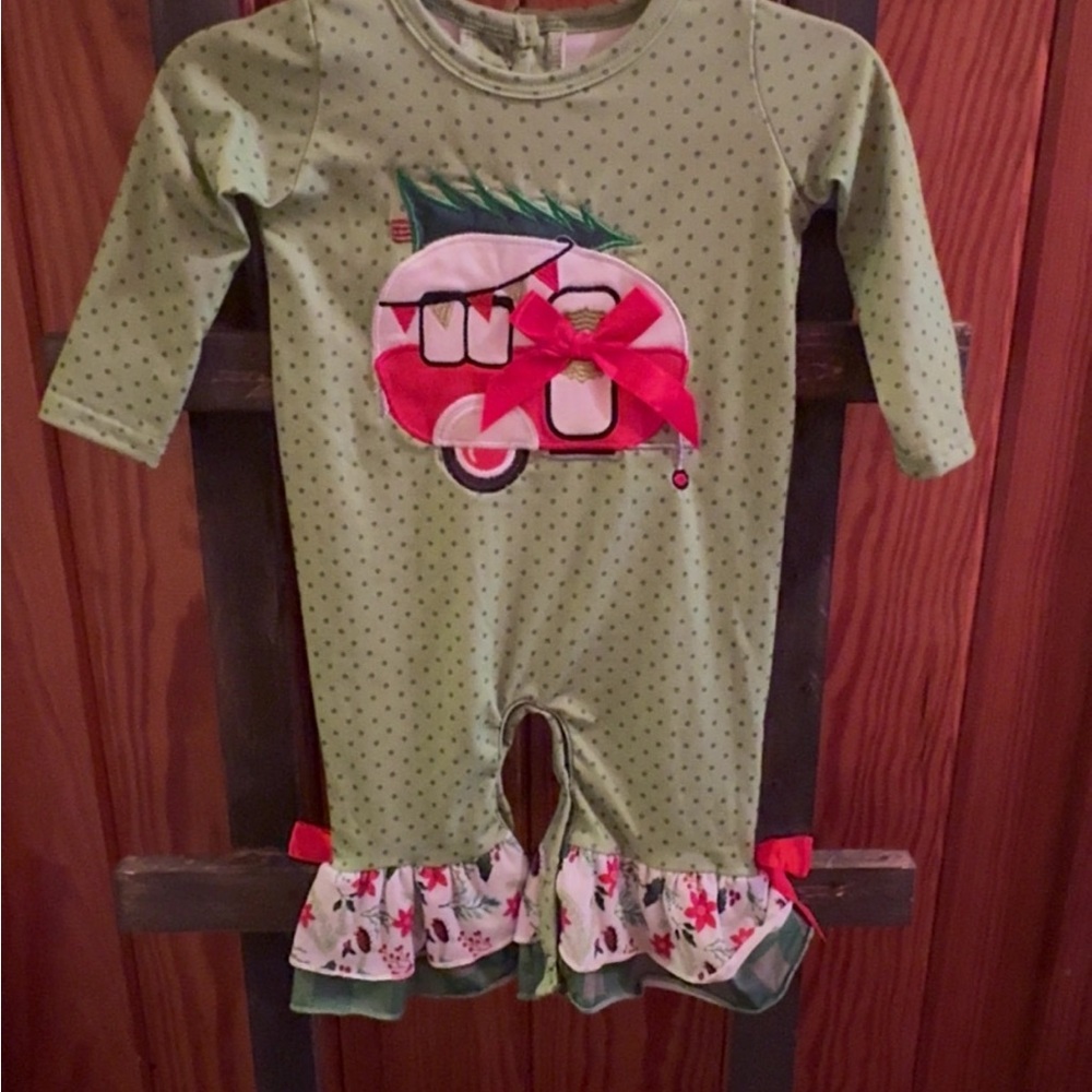 Green Polka Dot Baby Romper with Red Bow